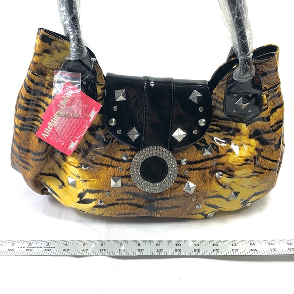 Charm and Luck 100% Genuine Leather Tiger Stripes, Embellished Handbag. - Picture 6 of 16